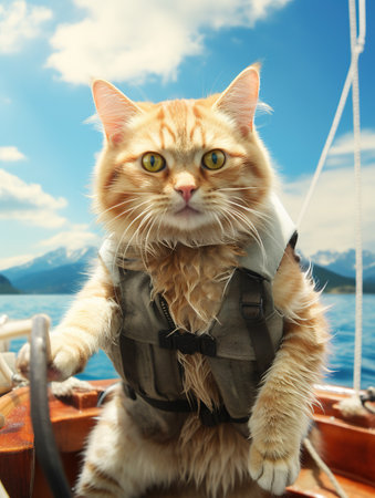 ginger cat in a life jacket on the background of the seaの素材