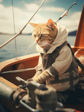 Cute ginger cat in warm jacket sitting on the bow of a sailboat.の素材
