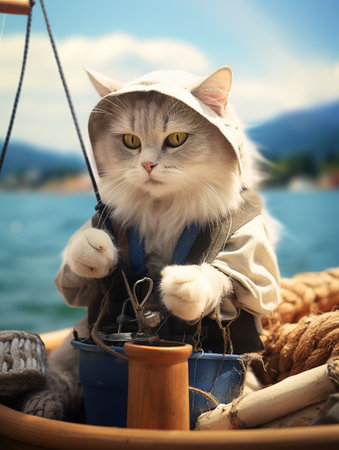 Cute cat sitting on a swing on the background of the lakeの素材