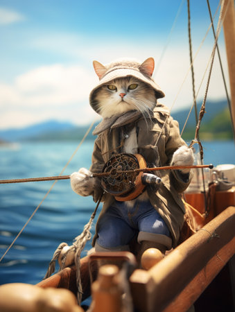 Cute cat in a hat on a sailboat at sea.の素材
