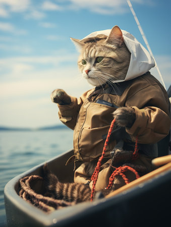 Fisherman in a boat with a cat on a sunny dayの素材