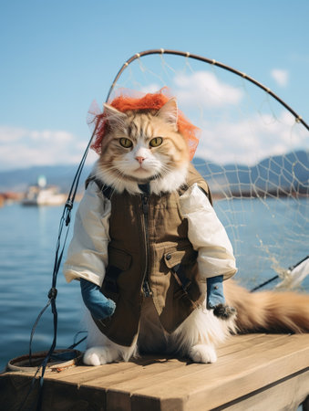 Fisherman with cat on a fishing trip on the lake.の素材