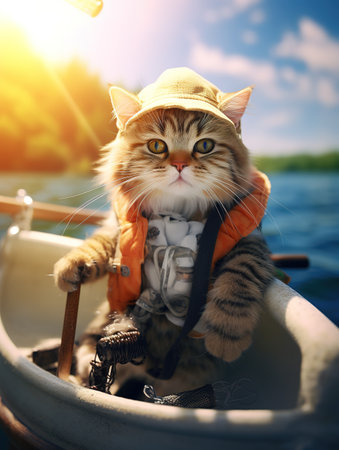 Portrait of a beautiful cat wearing a hat in a boat.の素材