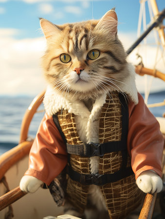 Portrait of a cat wearing a sailor costume on a sailboatの素材