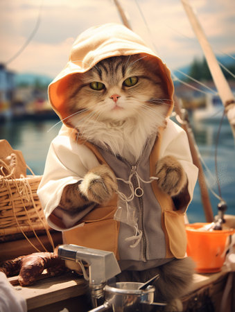 Cute cat in pirate costume sitting on a boat, outdoor shotの素材