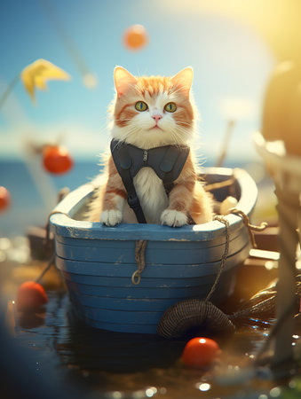 Cute ginger cat sitting in a boat on the beach at sunsetの素材