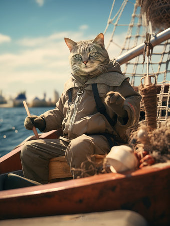 Fisherman sitting on a boat with his cat in the backgroundの素材
