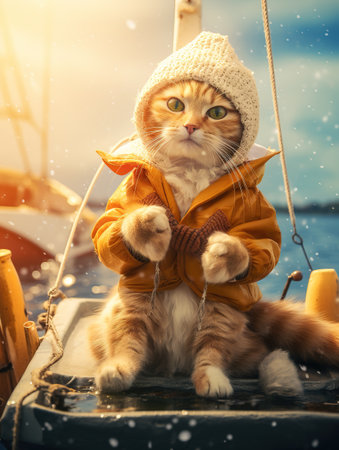 Cute ginger cat wearing warm clothes and knitted hat is sitting on a boat in the sea.の素材