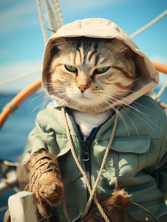 Portrait of a cat in a cap on a sailing yacht.の素材