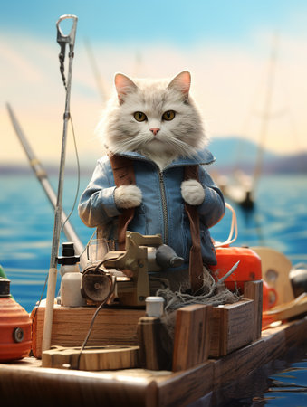 Cute cat with fishing rod on wooden boat in sea, closeupの素材