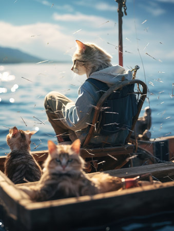 Funny cat sitting in a boat on the sea in the evening.の素材