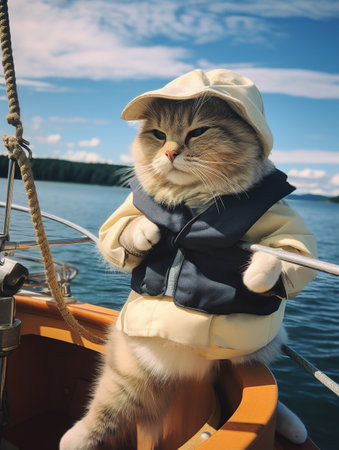 Cute cat wearing a hat and scarf on a sailboat.の素材