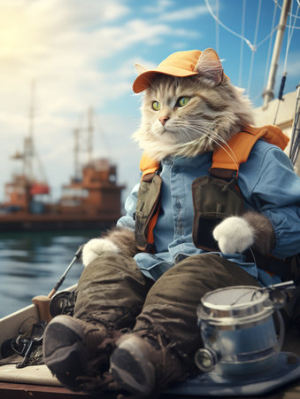 Portrait of a beautiful cat in a hat sitting on a yachtの素材