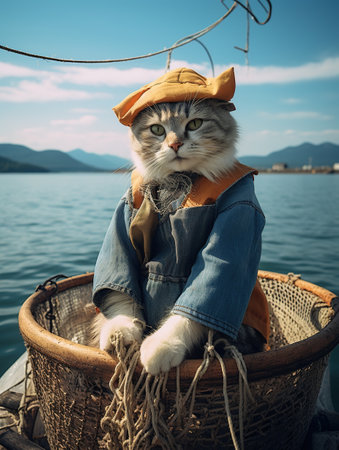 A cat in a hat sits on a fishing net on the waterの素材