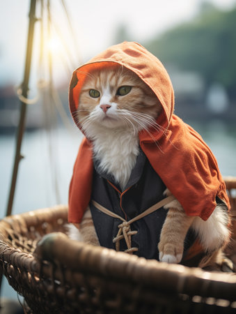 cute cat wearing a witch costume sitting in a basket on the boatの素材