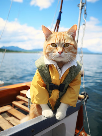 Cute ginger cat in yellow raincoat on a boat in the seaの素材