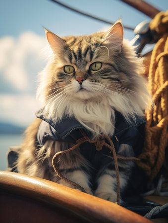 Siberian cat on the deck of a sailboat in the seaの素材