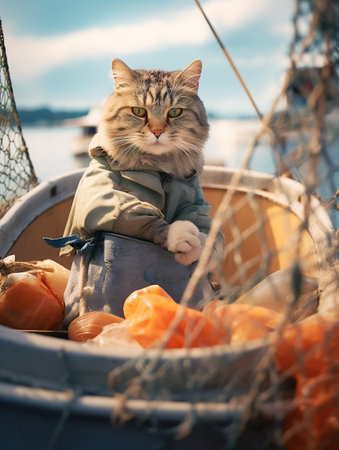 Cute cat sitting on fishing boat and looking at the camera.の素材
