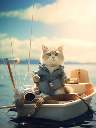 Cute cat sitting on the boat at the sea in vintage styleの素材