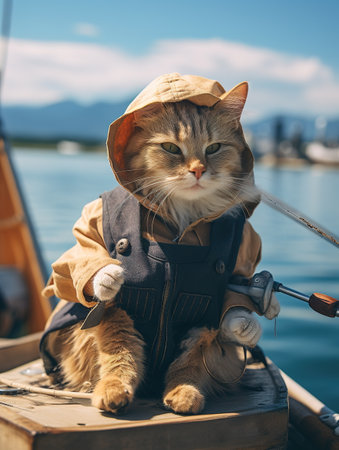 Cute cat wearing a pirate costume and hat sitting on a boatの素材