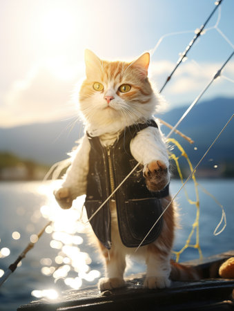 Cute cat fishing on boat at sunset, close-up viewの素材