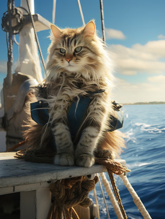 Cute Maine Coon cat sitting on the deck of a sailing yachtの素材