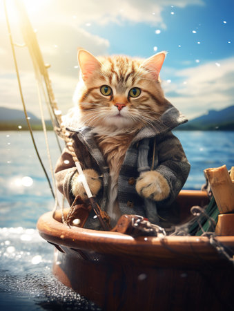 Cute ginger cat in a fishing boat. Winter fishing concept.の素材