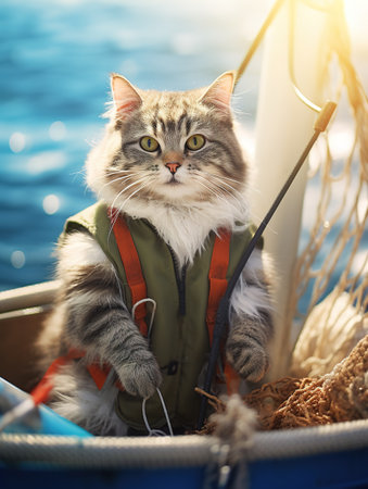 Portrait of a cat in a life jacket on a fishing boatの素材