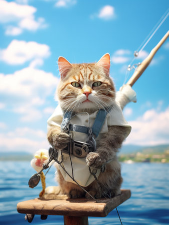 Cute cat with fishing rod and reel on the background of the seaの素材