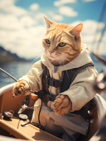 Cute red cat in a boat with a fishing rod on the lakeの素材