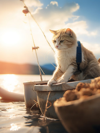 Cute cat sitting on the boat in the sea at sunset.の素材