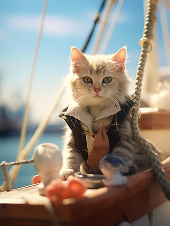 Cute cat sitting on a boat in the sea at sunset.の素材