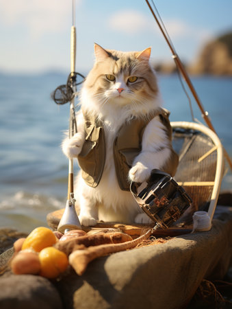 Cute cat sitting on fishing rod and fishing equipment on sea shoreの素材