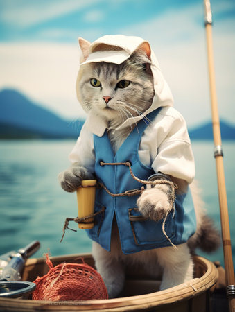 Cute cat with fishing rod on the background of the lake.の素材