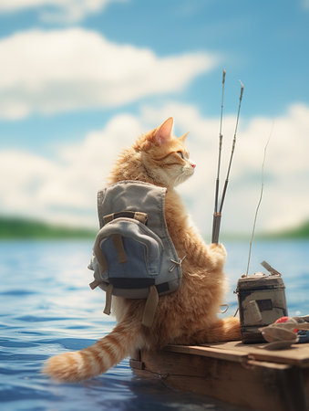 Cute ginger cat sitting on boat with fishing rod and fishing rod.の素材