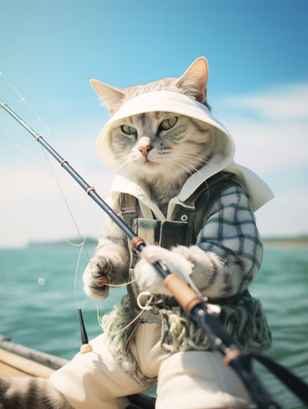 Cute cat with fishing rod on the boat in the sea.の素材