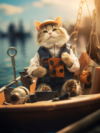 Cute cat sitting on boat. Vintage style toned picture.の素材