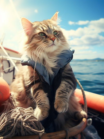 Siberian cat in a boat on a background of blue skyの素材