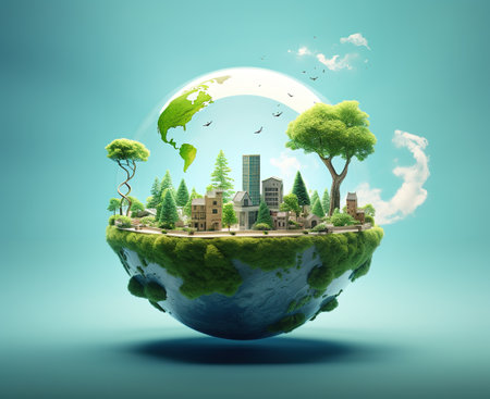 Ecology concept. Earth globe with green cityscape and blue skyの素材