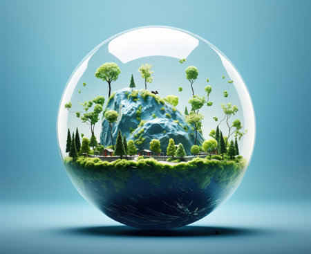 Ecology concept in crystal ball on blue background. 3D renderingの素材