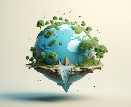 Ecology concept. Earth planet floating in the air. 3D renderingの素材