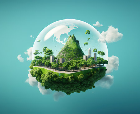 Ecology concept with green planet and city in the form of a sphereの素材