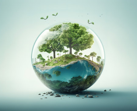 Ecology concept with green planet in glass sphere. 3D renderingの素材