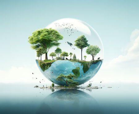 Ecology concept. Green planet with trees and birds in glass sphereの素材