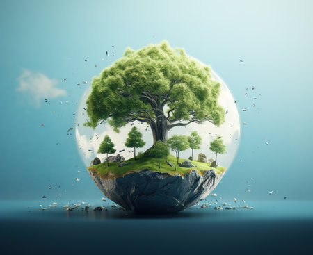 Ecology concept. Green tree in a glass sphere. 3D renderingの素材