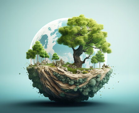 3D illustration of a green planet with a tree in the middleの素材