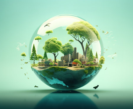 Ecology concept with green city in glass sphere. 3D renderingの素材