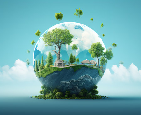 Ecology concept with green planet and tree in the shape of globeの素材
