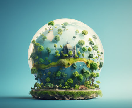 Green planet in a glass sphere. Eco concept. 3D renderingの素材
