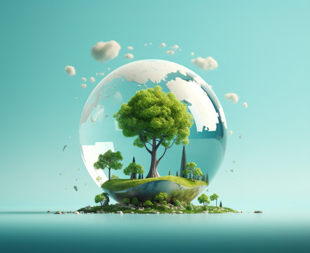 Ecology concept with green tree in a glass sphere. 3D renderingの素材